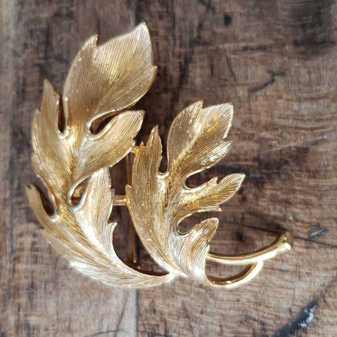 Vintage Signed M Jent Gold Toned Oak Leaf Brooch Textured Large 2